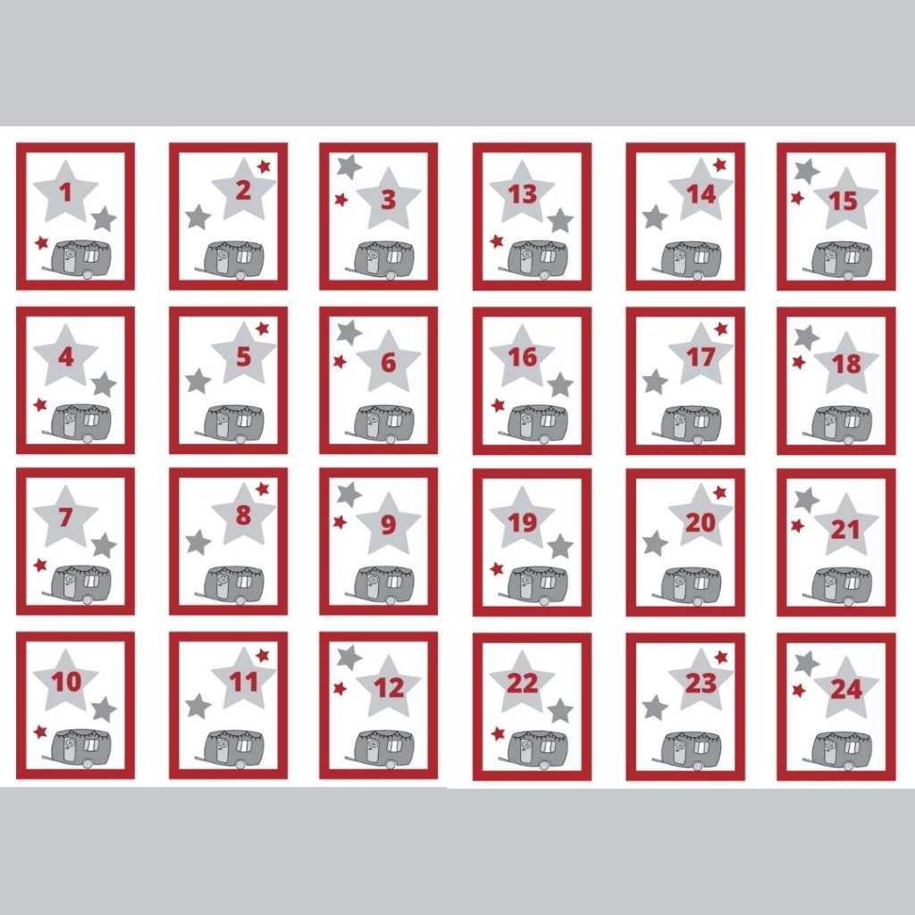 Adventskalender Zahlen Wohnwagen in Rot-Grau